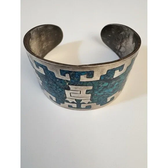 Signed HMP MEXICO Sterling Silver Turquoise Inlay Bangle Bracelet - Picture 1 of 5